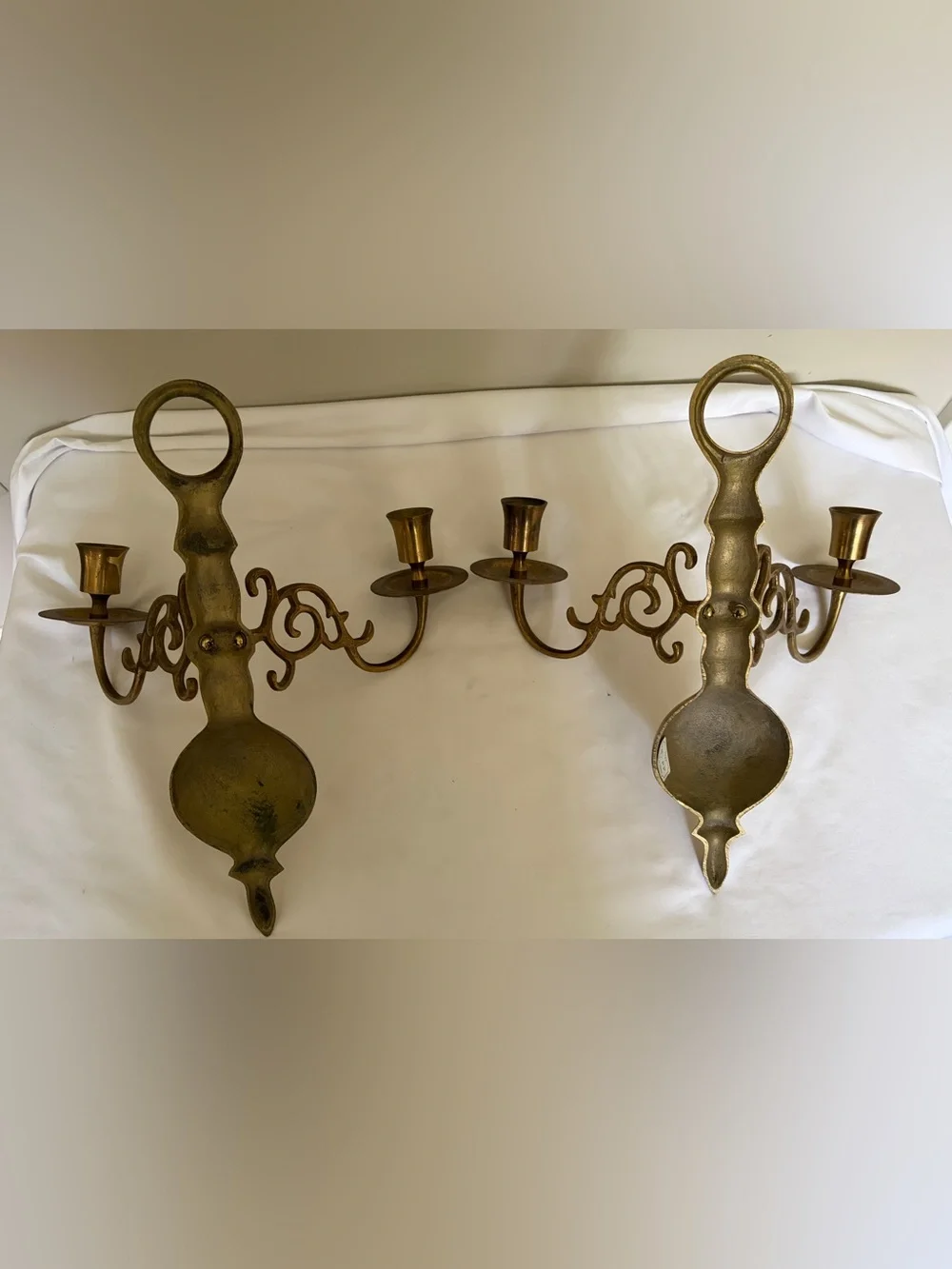 Vintage 1994 Brass Wall Sconce Candle Holders Pair Korea Ornate Double Arm 11”